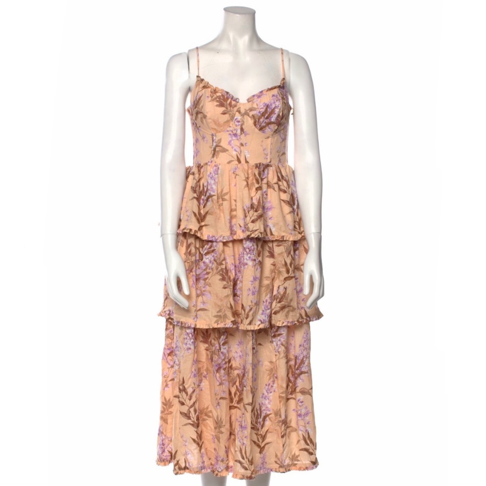 HOUSE OF HARLOW 1960 Floral Tiered Linen Midi Tiered Dress